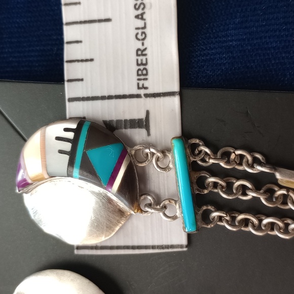 Native American Zuni Multi-stone Inlay Sterling Silver Dangle Stud Earrings - Picture 6 of 17